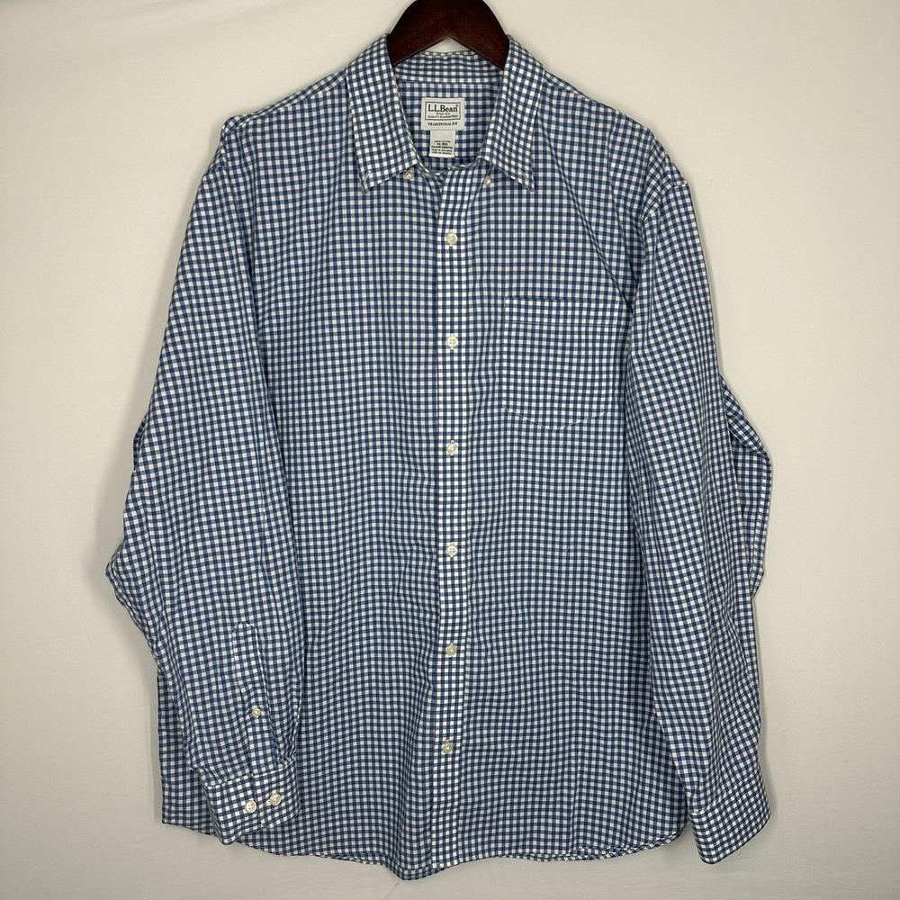 LL Bean Mens Wrinkle-Free Gingham Shirt Traditional Fit Checkered XL blue white